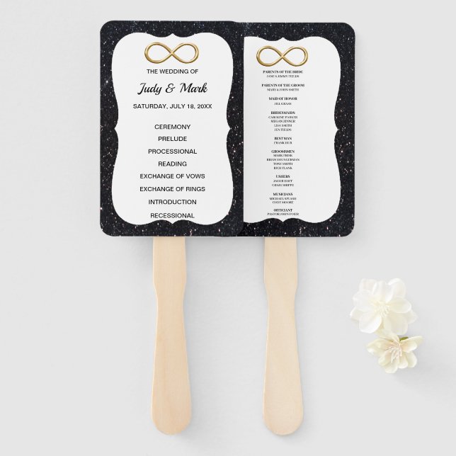 Black Glitter Gold Infinity Wedding Program Fans (Front and Back)