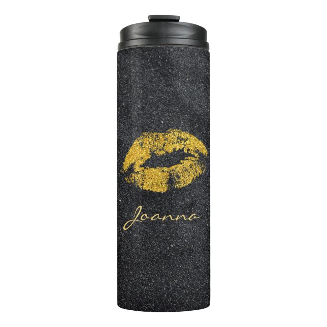 Black Glitter Gold Lips Thermal Tumbler (Front)
