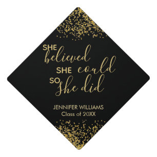 Black Glitter GOLD She Believed She Could Name Graduation Cap Topper