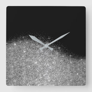 Black Glitter Grey Silver Minimal Metallic Urban Square Wall Clock