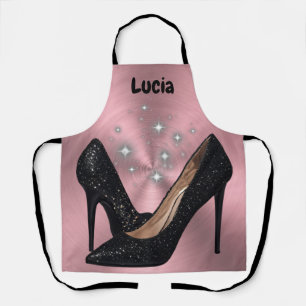 Black Glitter High Heel Shoe on Pink Apron