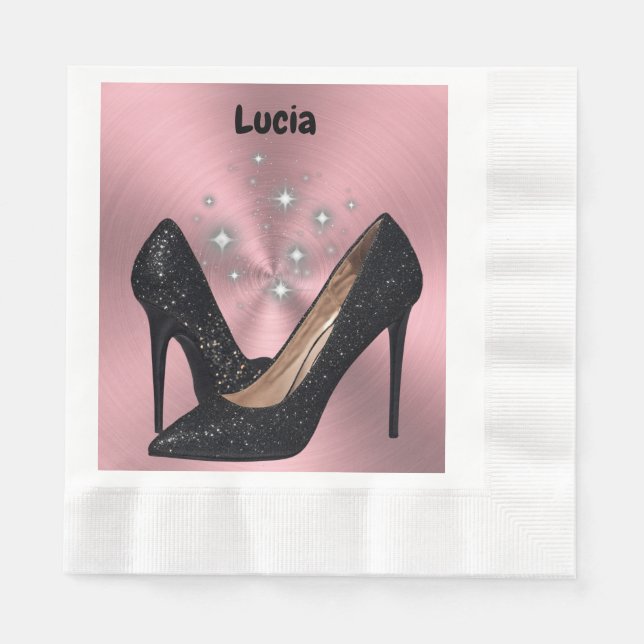 Black Glitter High Heel Shoe on Pink | Napkin (Front)