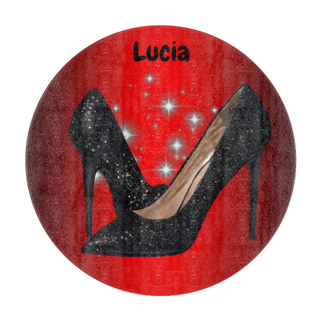 Black Glitter High Heel Shoe on Red | Cutting Board (Front)