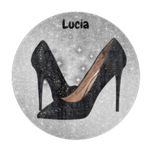 Black Glitter High Heel Shoe on Silver   Cutting Board