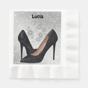 Black Glitter High Heel Shoe on Silver   Napkin