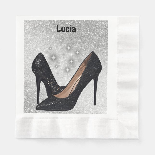 Black Glitter High Heel Shoe on Silver | Napkin (Front)