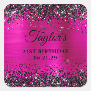 Black Glitter Hot Pink Foil 21st Birthday Square Sticker
