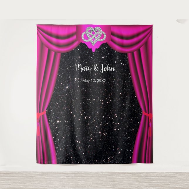 Black Glitter Infinity Heart Pink Curtain Backdrop Tapestry (Front)