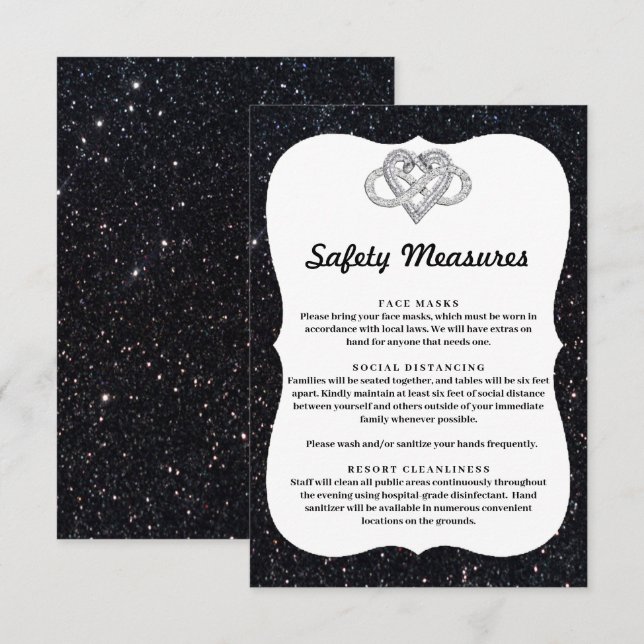 Black Glitter Infinity Heart Safety Measures Enclosure Card (Front/Back)