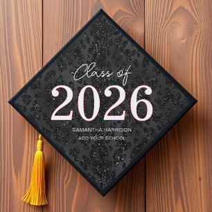 Black Glitter Leopard Print Class of Graduation Cap Topper