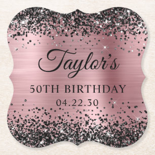Black Glitter Light Pink Foil 50th Birthday Paper Coaster