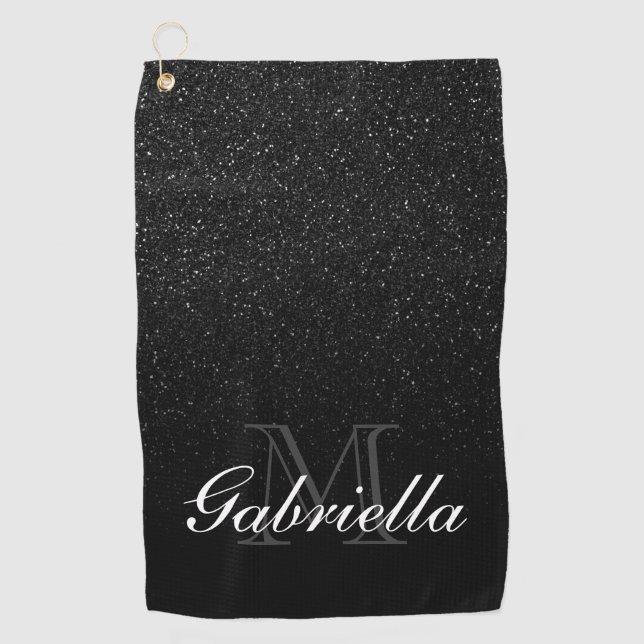 Black Glitter Monogram Golf Towel (Front)