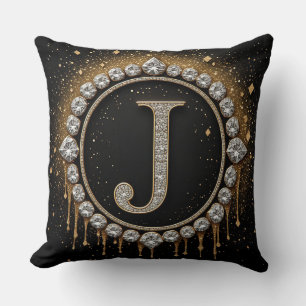 Black Glitter Monogram Letter J Logo Jewellery Bra Throw Pillow