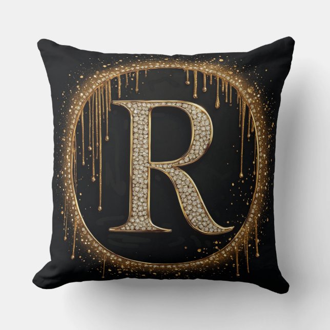 Black Glitter Monogram Letter R For Royal Branding Throw Pillow (Front)