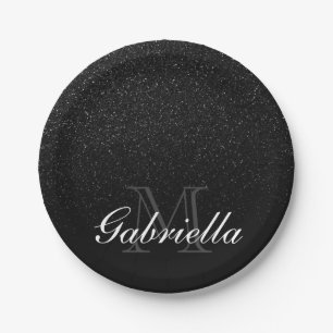 Black Glitter Monogram Paper Plate