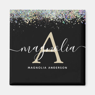 Black Glitter Monogram Sparkle  Magnet