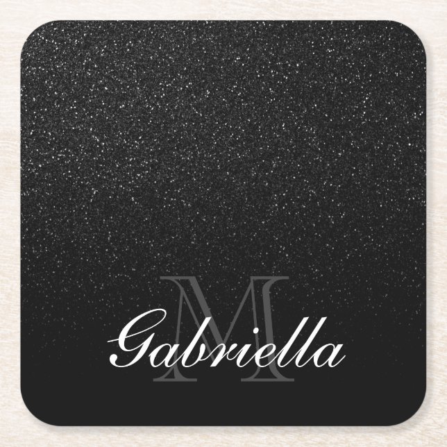 Black Glitter Monogram Square Paper Coaster (Front)