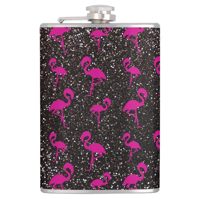 Black glitter pink flamingo hip flask (Front)