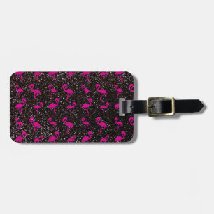 Black glitter pink flamingo luggage tag