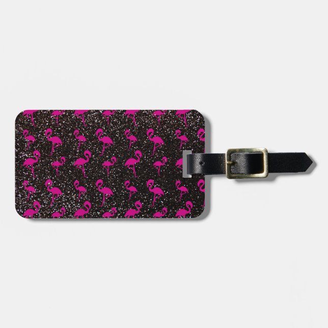 Black glitter pink flamingo luggage tag (Front Horizontal)