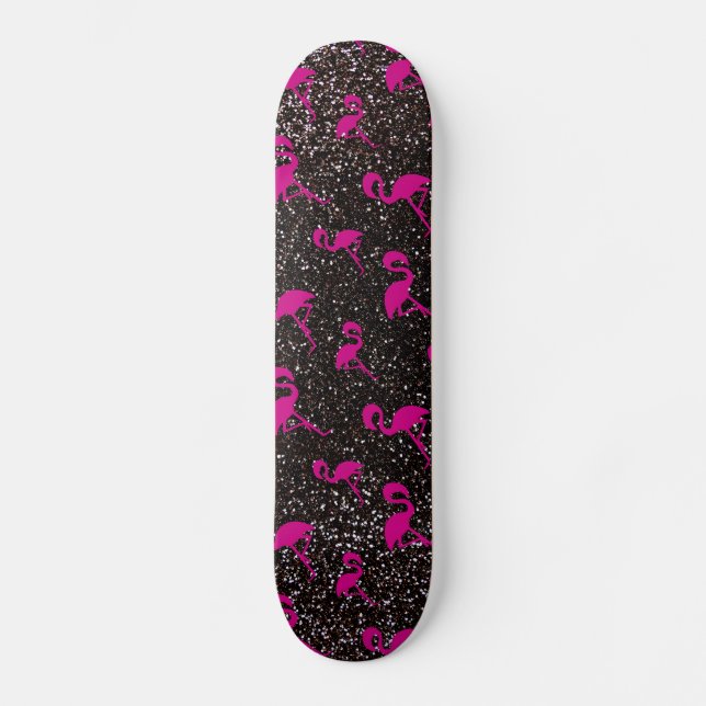 Black glitter pink flamingo skateboard (Front)