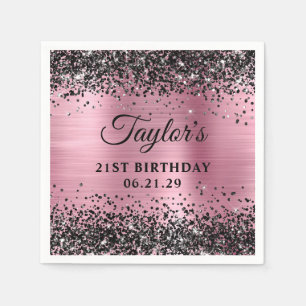 Black Glitter Pink Foil 21st Birthday Napkin