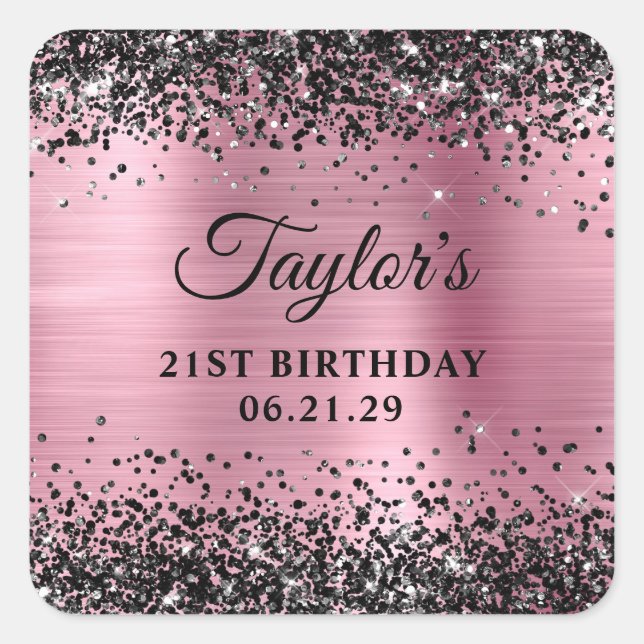 Black Glitter Pink Foil 21st Birthday Square Sticker (Front)