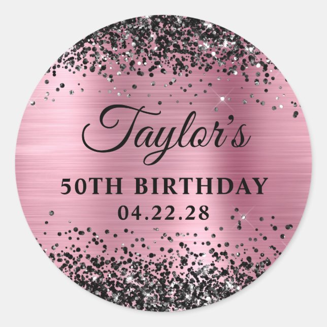 Black Glitter Pink Foil 50th Birthday Classic Round Sticker (Front)