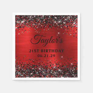 Black Glitter Red Foil 21st Birthday Napkin