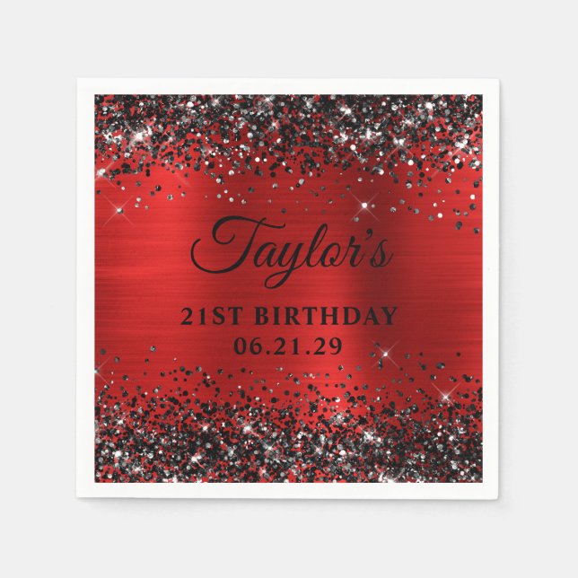 Black Glitter Red Foil 21st Birthday Napkin (Front)