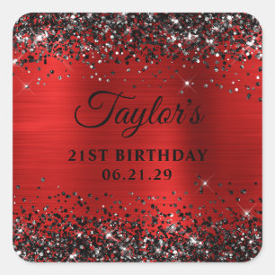Black Glitter Red Foil 21st Birthday Square Sticker