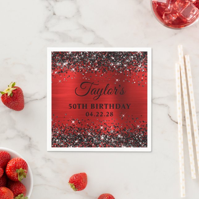 Black Glitter Red Foil 50th Birthday Napkin (Insitu)