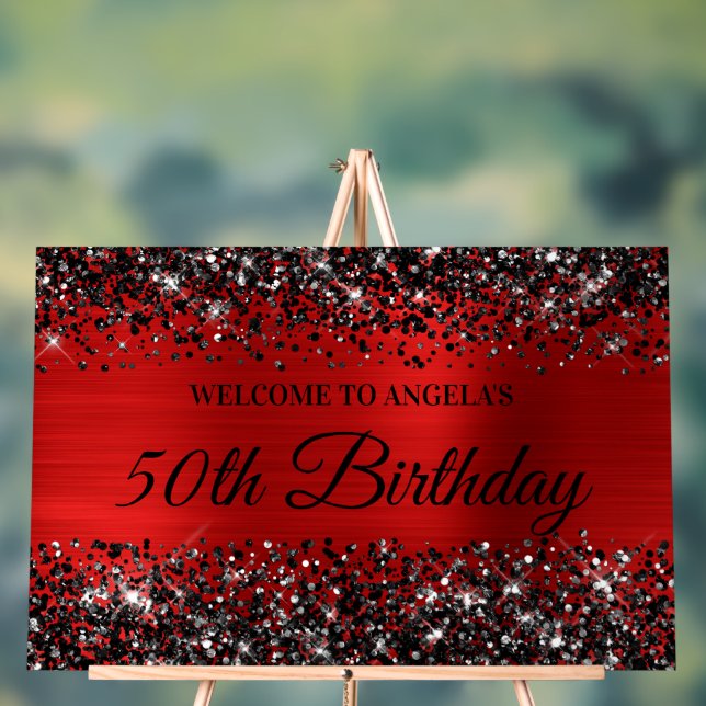 Black Glitter Red Foil 50th Birthday Welcome Acrylic Sign (Neutral)