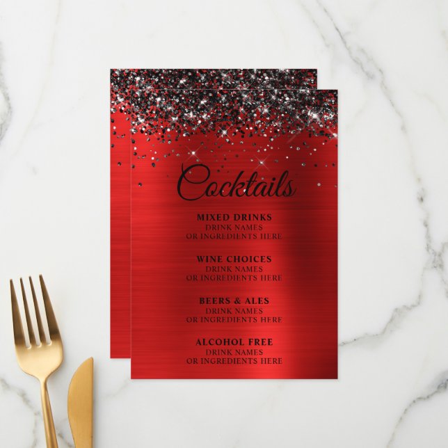 Black Glitter Red Foil Cocktails Bar Menu (Front/Back In Situ)