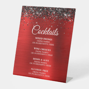 Black Glitter Red Foil Cocktails Bar Menu Pedestal Sign