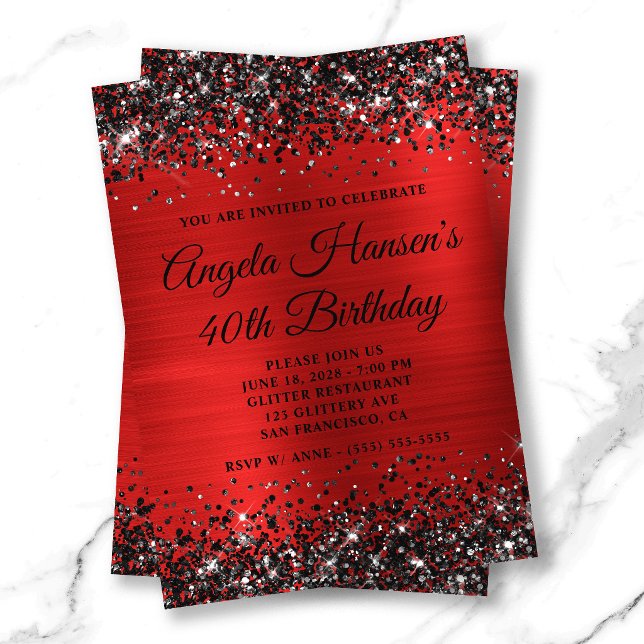 Black Glitter Red Foil Monogram 40th Birthday Invitation (Black Glitter Red Foil Monogram 40th Birthday Invitation)