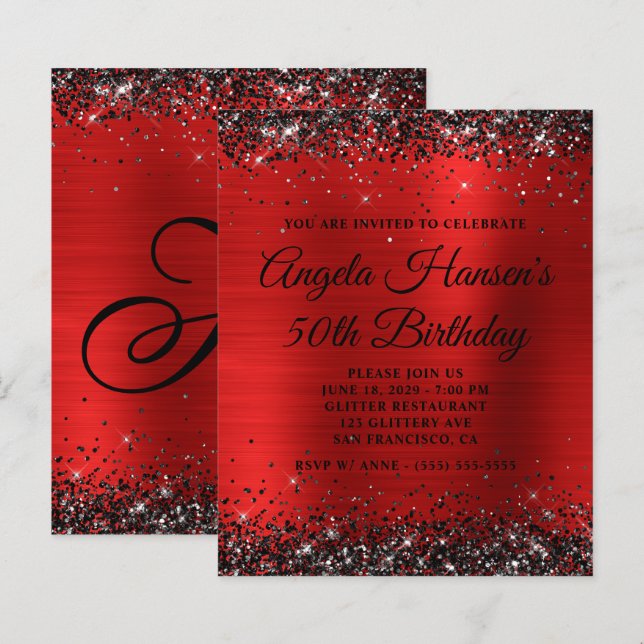 Black Glitter Red Foil Monogram 50th Birthday (Front/Back)