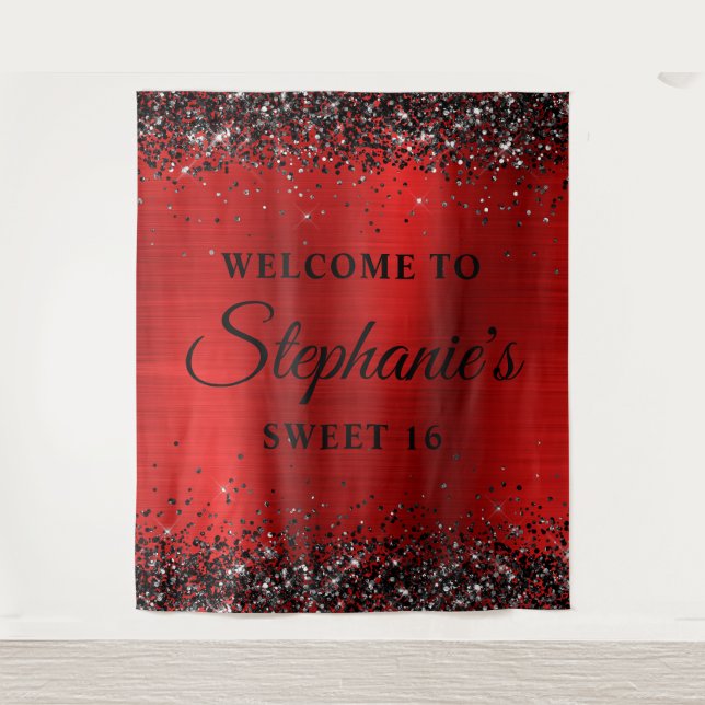Black Glitter Red Foil Welcome to Sweet 16 Tapestry (Front)