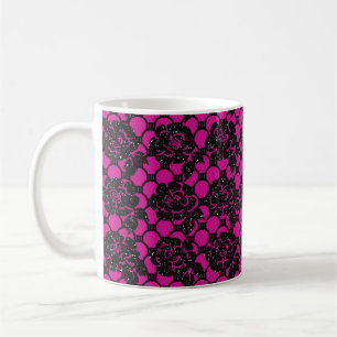 Black glitter romantic floral lace and fushia coffee mug