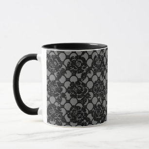 Black glitter romantic floral lace and grey mug