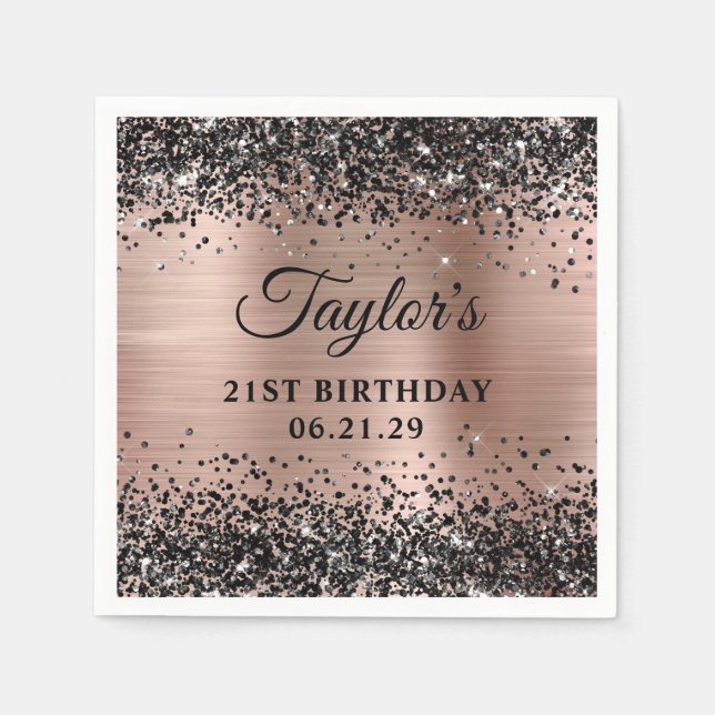 Black Glitter Rose Gold Foil 21st Birthday Napkin (Front)