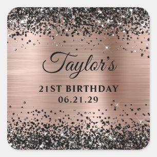 Black Glitter Rose Gold Foil 21st Birthday Square Sticker