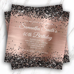 Black Glitter Rose Gold Foil 40th Birthday Invitation