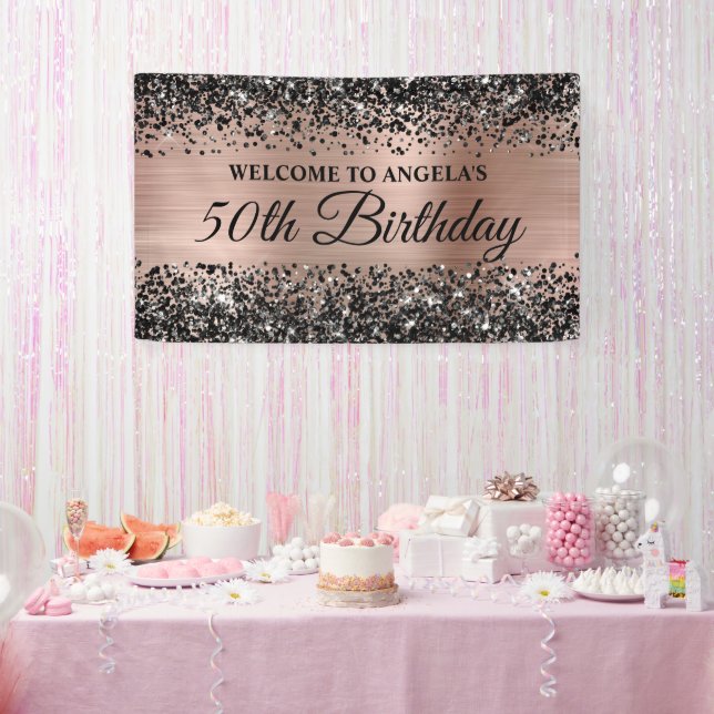 Black Glitter Rose Gold Foil 50th Birthday Welcome Banner (Party)