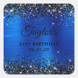 Black Glitter Royal Blue Foil 21st Birthday Square Sticker