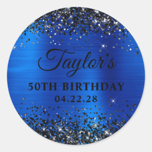 Black Glitter Royal Blue Foil 50th Birthday Classic Round Sticker