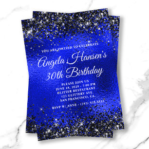 Black Glitter Royal Blue Glass Foil 30th Birthday Invitation