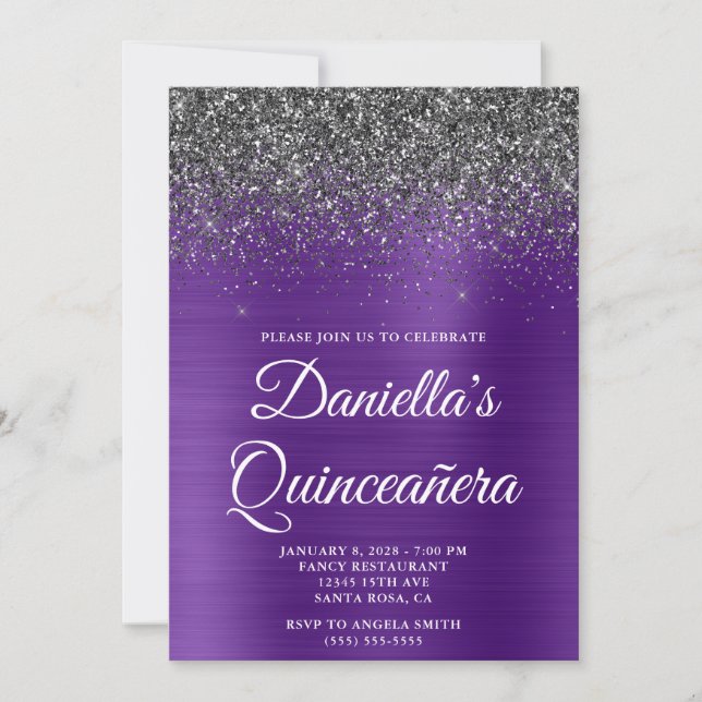 Black Glitter Royal Purple Foil Quinceañera Invitation (Front)