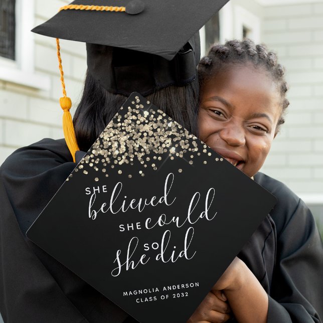 Black Glitter She Believed She Could Custom Graduation Cap Topper (Creator Uploaded)