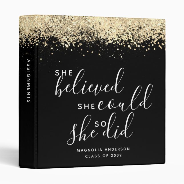 Black Glitter She Believed She Could Graduation Binder (Front/Spine)